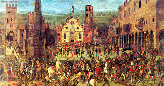 Доменико  Мороне.  Падение  Бонакольси. 1494. Палаццо Дукале. Мантуя  -  Domenico Morone. The Fall of the Bonacolsi Family.  1494.  Palazzo Ducale. Mantua.