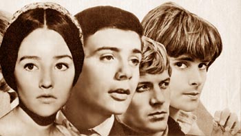 collage:  actors - Olivia Hussey, Nikita Mikhalkov, Gennadij Korolkov and Leonard Whiting - 1970s